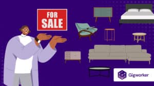 vector graphic showing an illustration of a man and furniture show how to sell furniture locally