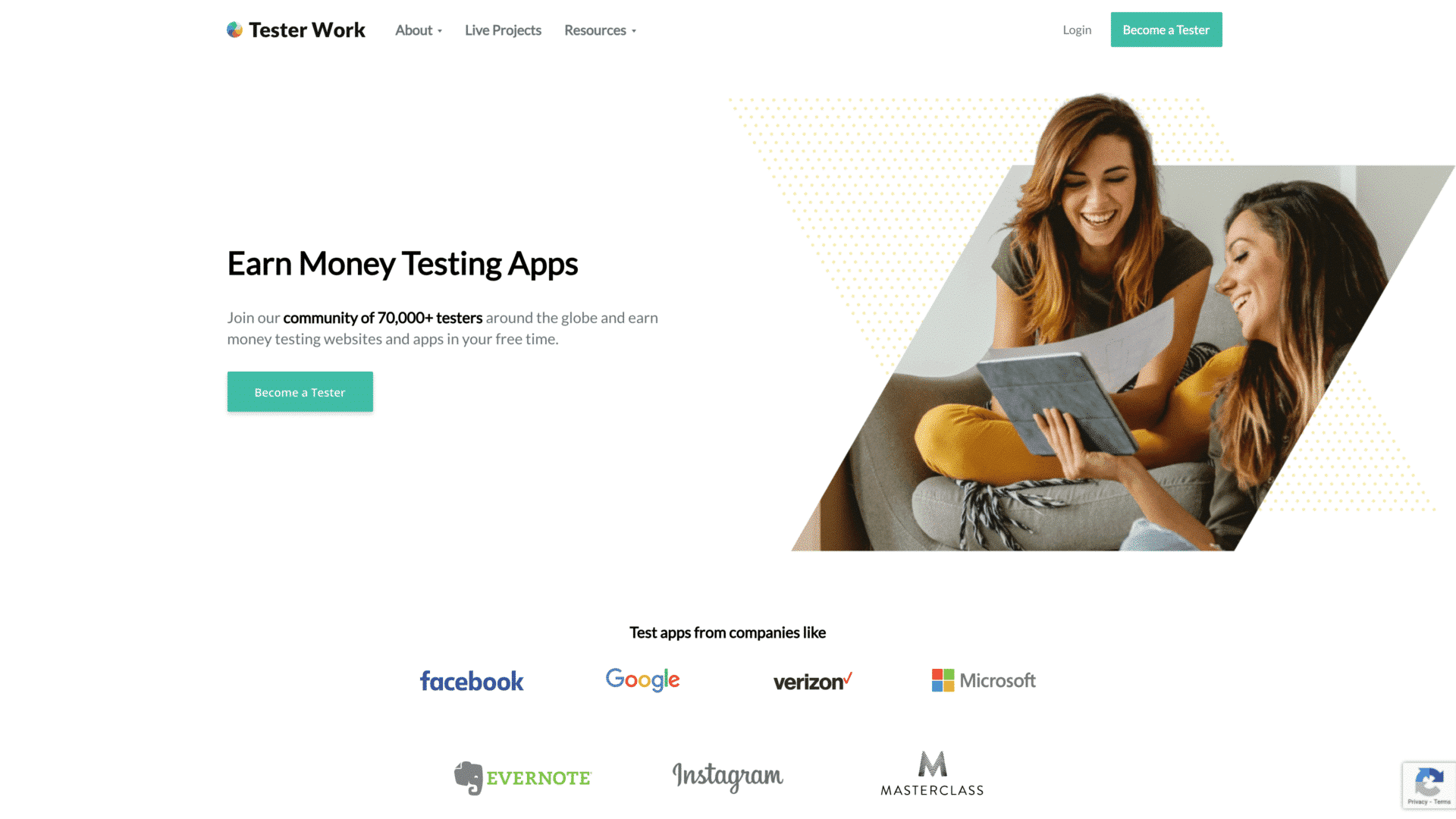 a screenshot of the testerwork homepage