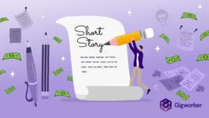 vector graphic showing an illustration of a person holding a big pen to show how to write short stories