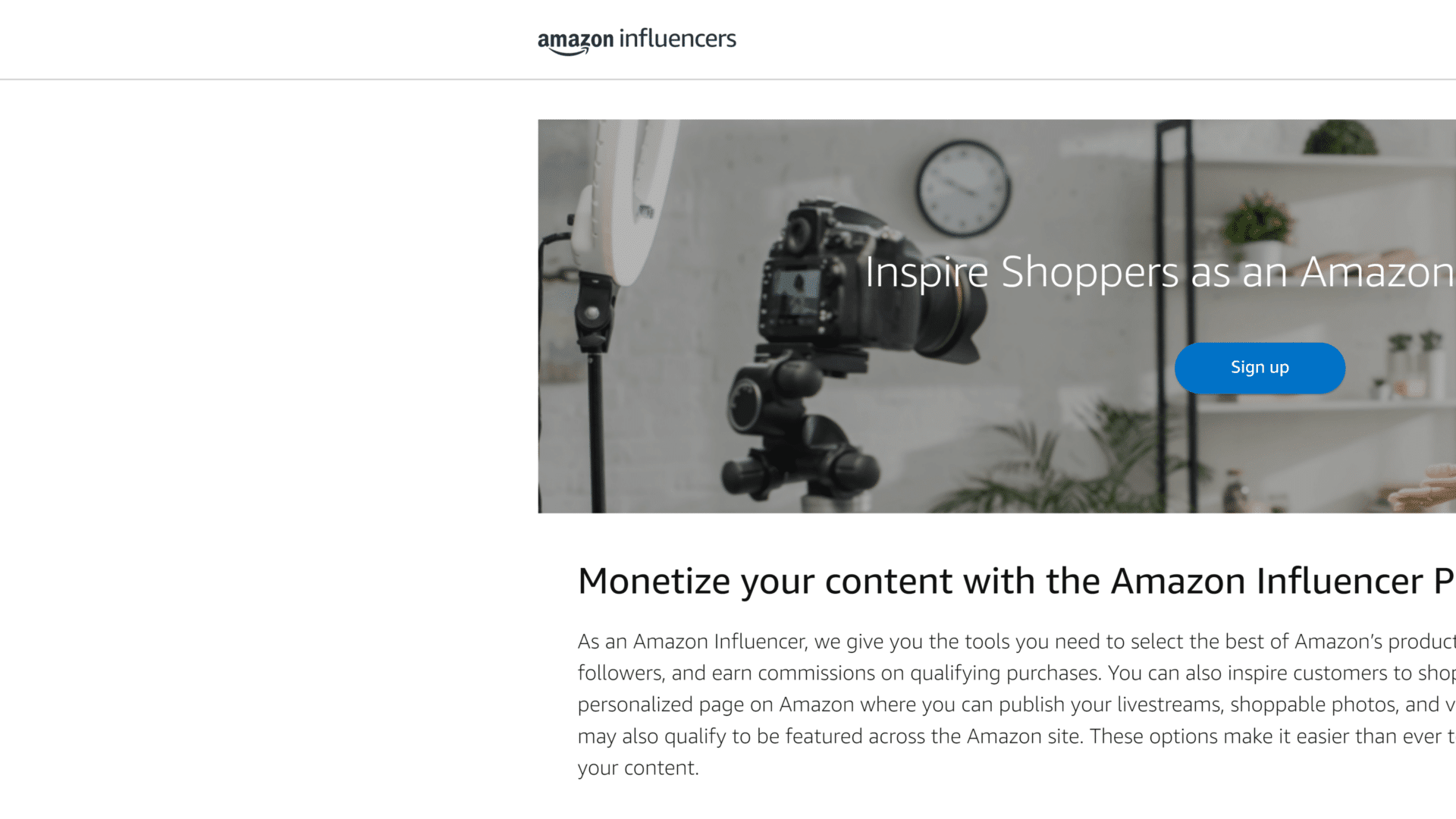 screenshot of the Amazon Influencer Program homepage