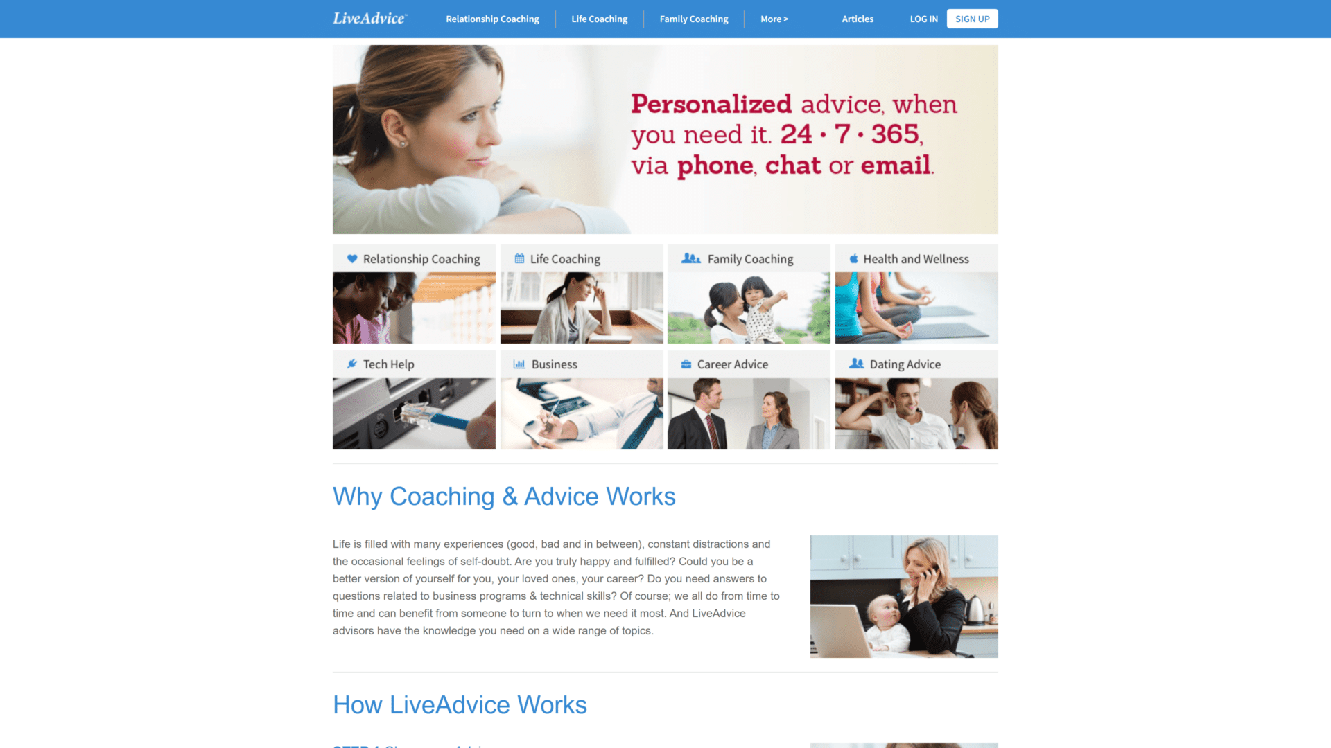 screenshot of the LiveAdvice homepage