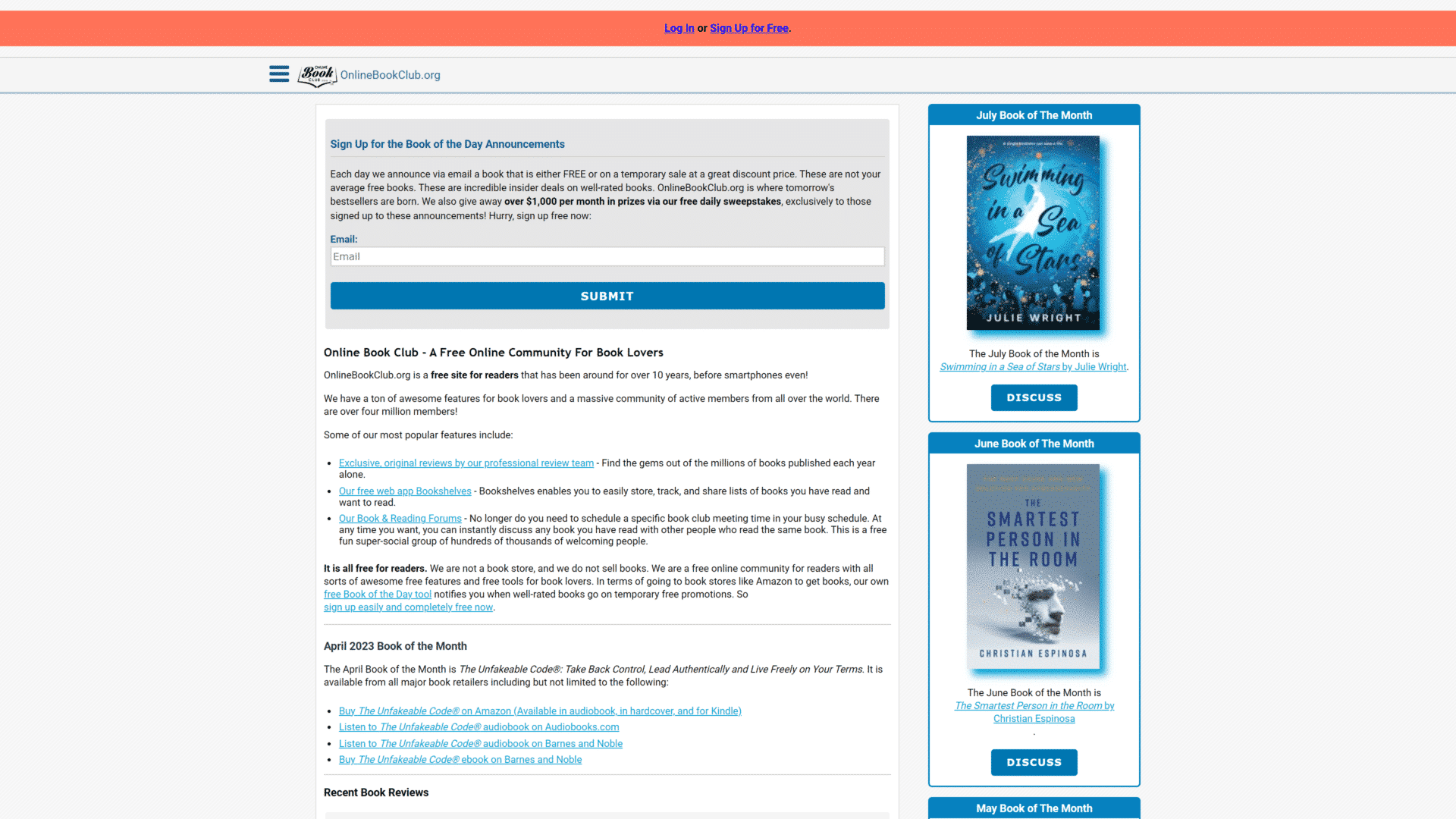screenshot of the online book club homepage