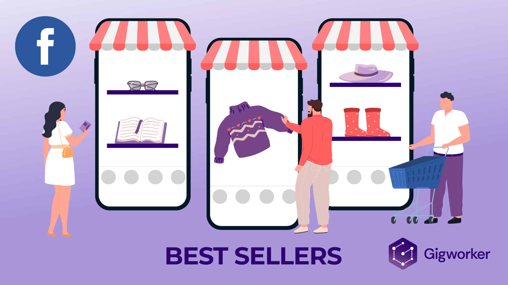 vector graphic showing an illustration of phones depicting facebook marketplace with items that are best selling items on facebook marketplace