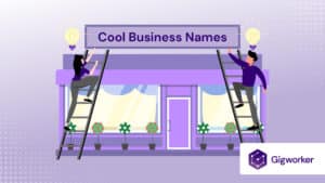 vector graphic showing an illustration of two men on a ladder placing a business name banner related to cool business names