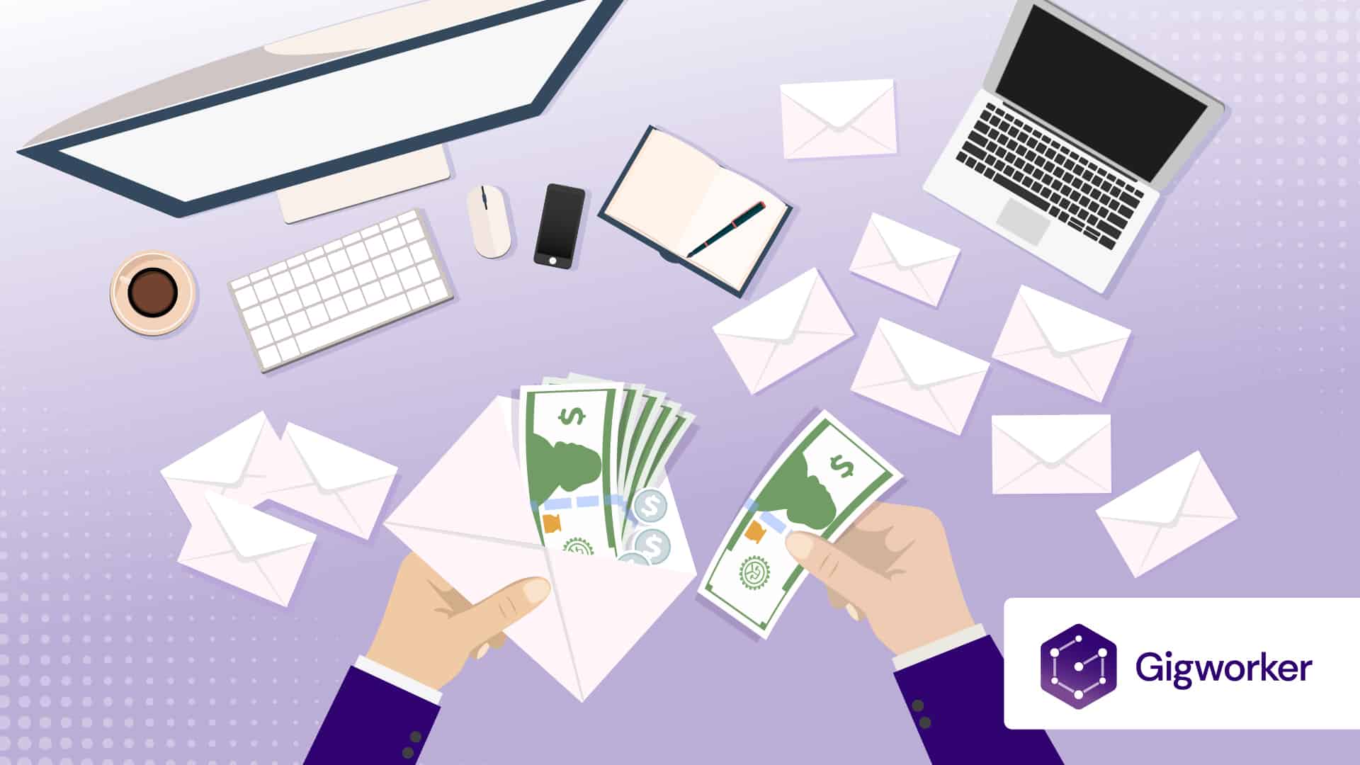 vector graphic showing an illustration of a hand holding an envolope with money related to get paid to fill envelopes