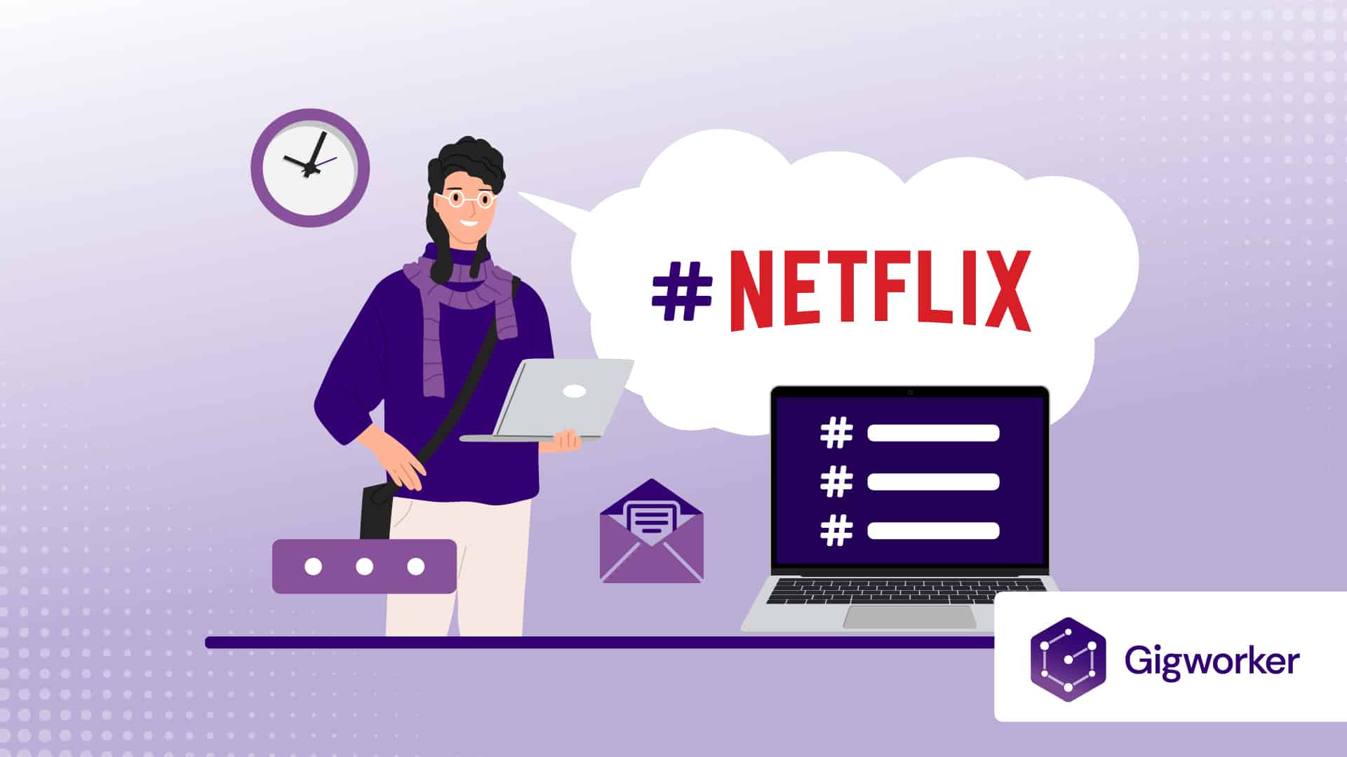 vector graphic showing an illustration of a lady with a laptop searching how to become a netflix tagger