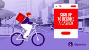 vector graphic showing an illustration of a door dasher riding a bicycle with a delivery bag to show how to become a door dasher
