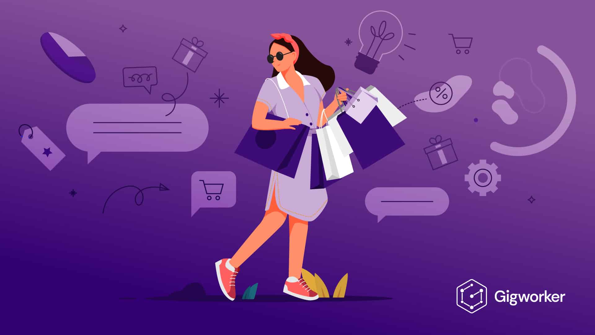 vector graphic showing an illustration of a woman carrying shopping bags to show how to become a secret shopper