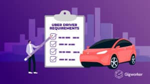 vector graphic showing an illustration of a person holding a pen standing in front of a clipboard pointing at driver requirements of how to become an uber driver