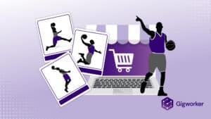vector graphic showing an illustration of basketbball cards graphics and a website to show how to sell basketball cards