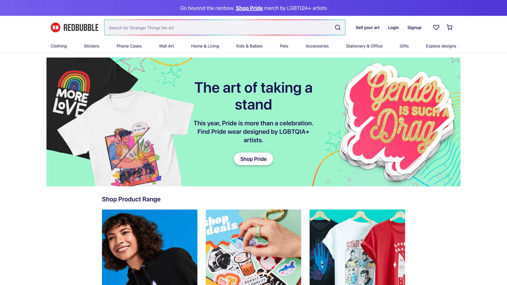 a screenshot of the redbubble homepage