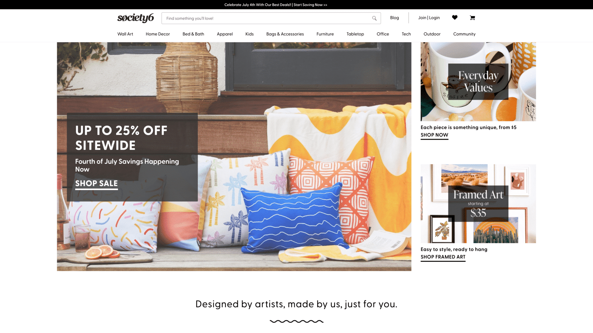 a screenshot of the society6 homepage