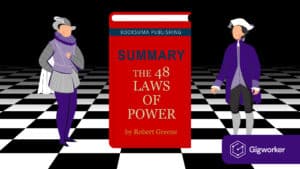 vector graphic showing an illustration of a book and two people related to 48 laws of power summary