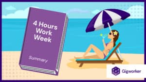 vector graphic showing an illustration of of a lady on a vacation and a book graphics related to 4 hour week summary
