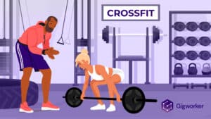 vector graphic showing an illustration of a lady lifting weight in a gym being guided by a crossfit coach