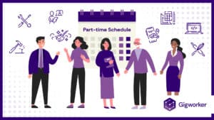 vector graphic showing an illustration of people standing in front of a calendar graphics related to best part time jobs