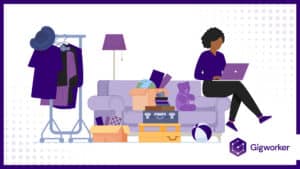 vector graphic showing an illustration of a lady on a laptop with items to sell graphics related to cheap items to resell