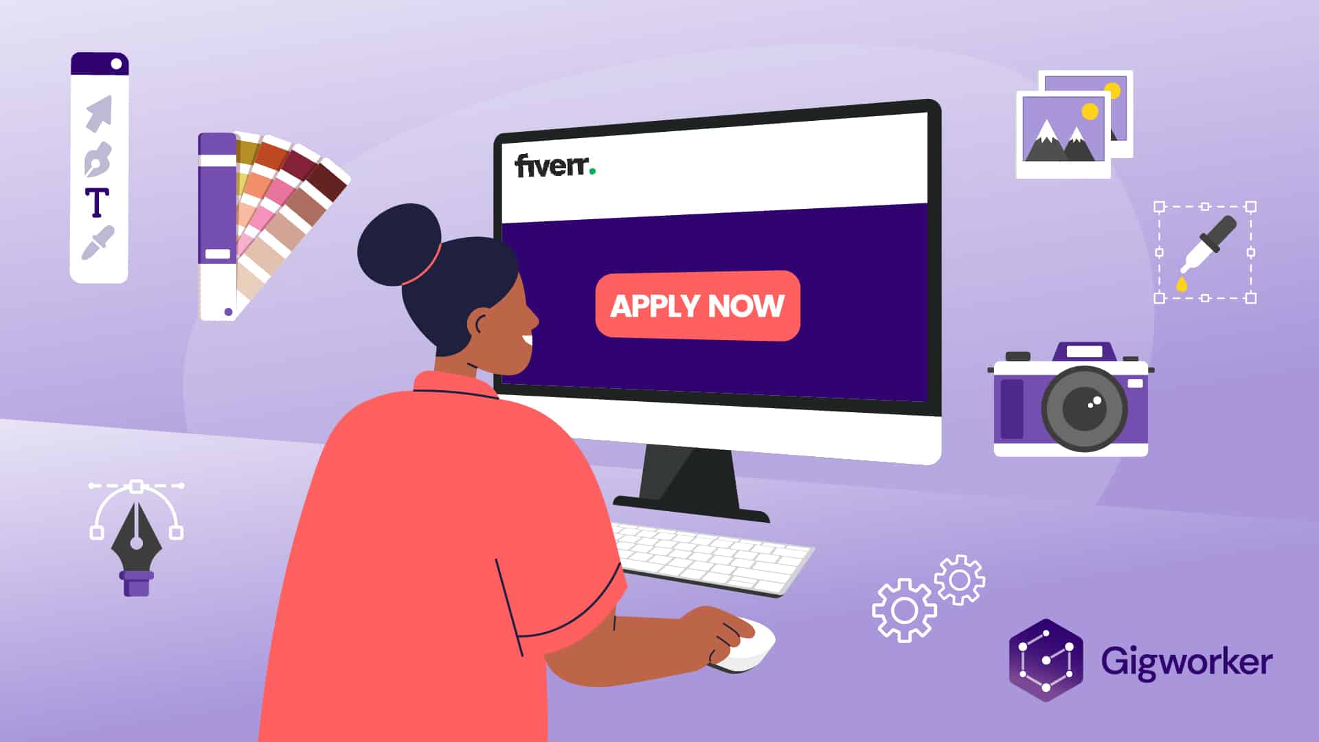 vector graphic showing an illustration of a lady searching for fiver jobs on a desktop