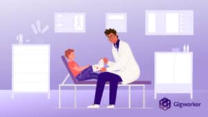 vector graphic showing an illustration of a specialist taking care of a hurt child related to how to become a child life specialist