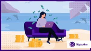 vector graphic showing an illustration of a lady working on a laptop and money floating around her to show how to become a freelancer