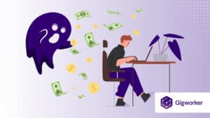 vector graphic showing an illustration of a person typing and a ghost behind him with money floating around related to how to become a ghostwriter