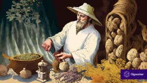vector graphic showing an illustration of a herbalist preparing herbal medicine relate to how to become a herbalist
