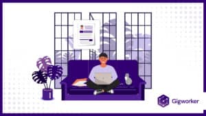 vector graphic showing an illustration of a man with a laptop seated on a couch graphics related to how to become a house sitter