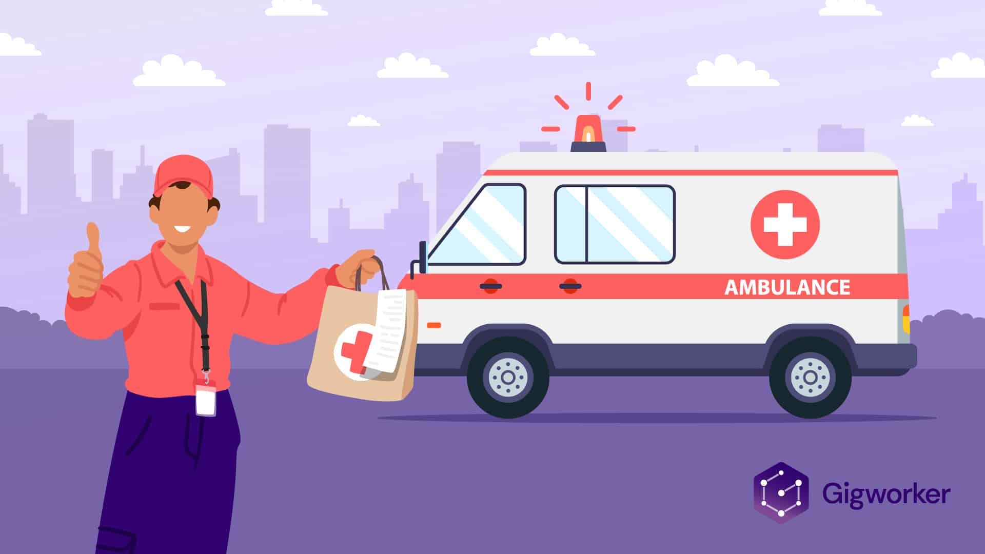 vector graphic showing an illustration of a person holding medicine package standing in front of an ambulance related to how to become a medical courier