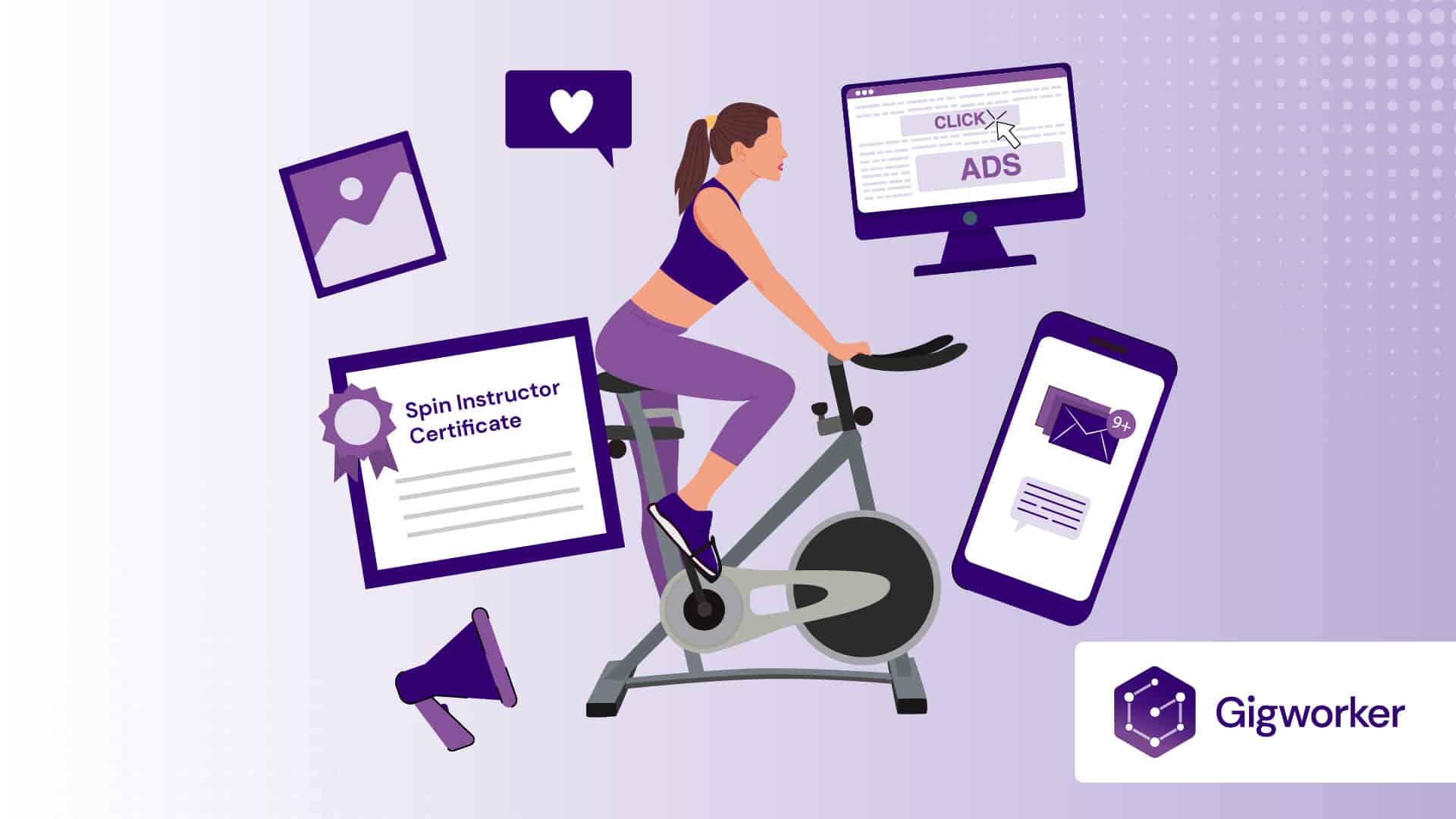 vector graphic showing an illustration of a lady cycling with a spin instructor certificate graphics related to how to become a spin instructor