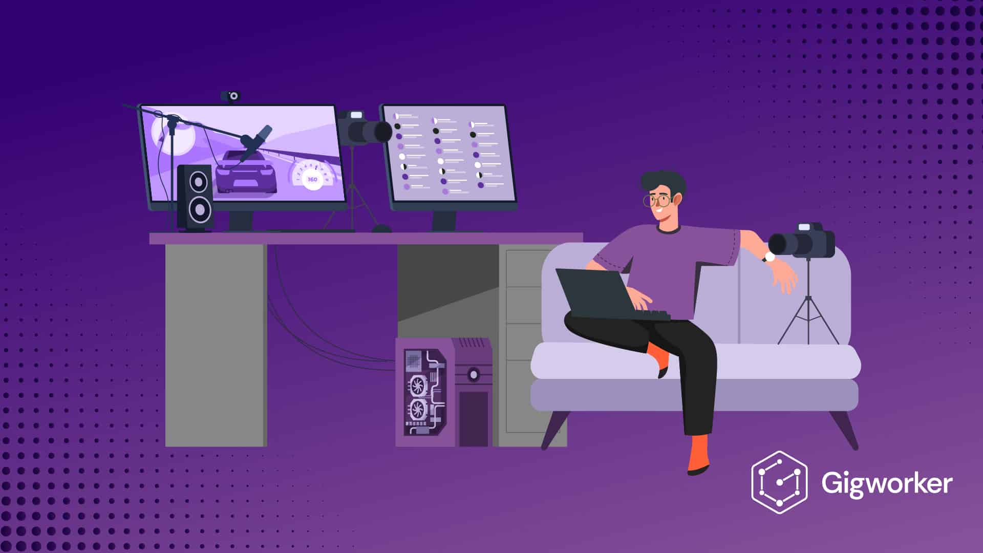 vector graphic showing an illustration of someone seated streaming video with a camera related to how to become a streamer