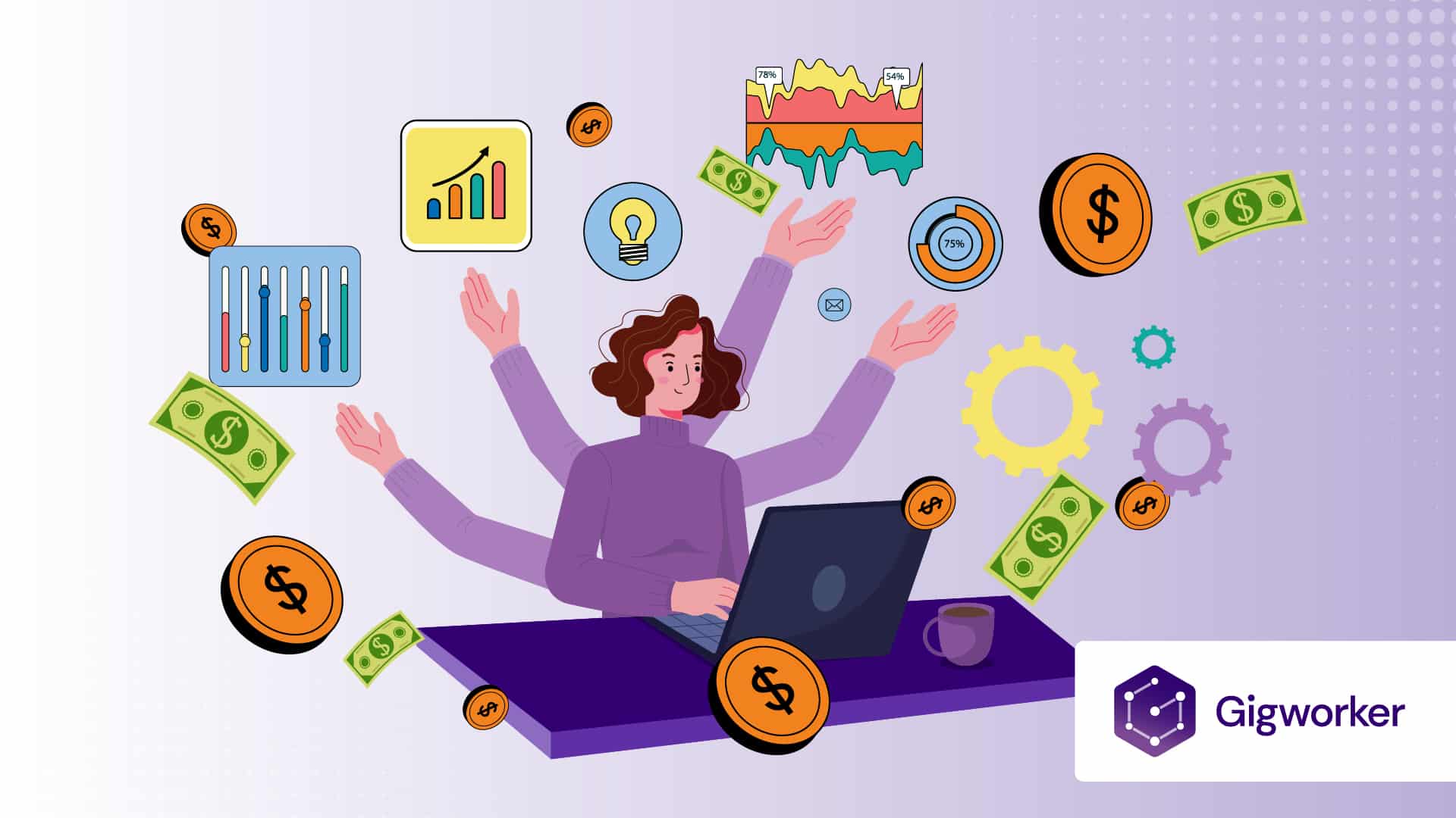 vector graphic showing an illustration of a lady working on a laptop with many hands receiving money graphics related to how to make extra income while working full time
