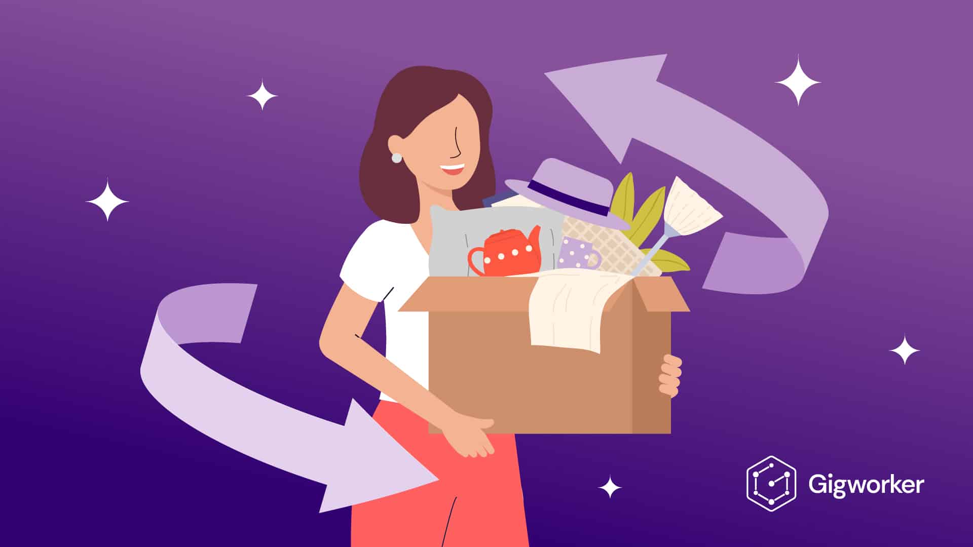 vector graphic showing an illustration of a woman carrying items on a box graphics related to how to start a resell business