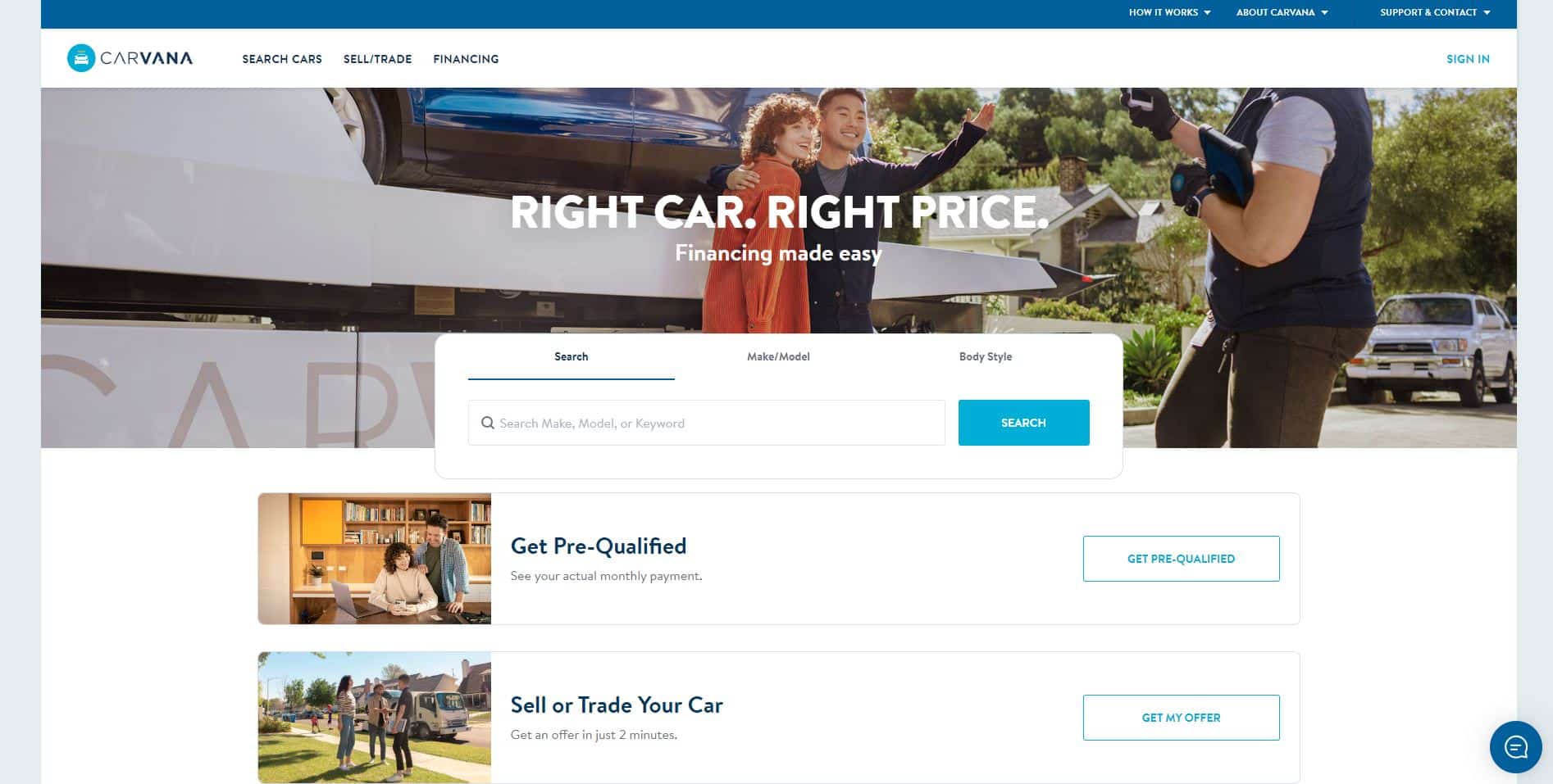 screenshot of the Carvana homepage - header graphic for the post about "is Carvana legit" on gigworker.com