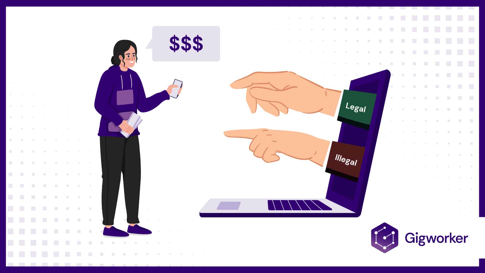 vector graphic showing an illustration of a lady holding money and hands popping out of a laptop graphics related to is it illegal to resell items