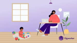 vector graphic showing an illustration of a woman working on a laptop watching a baby graphics related to jobs for stay ay home moms