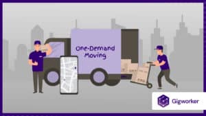 vector graphic showing an illustration of a truck and a person carrying boxes related to on demand moving business