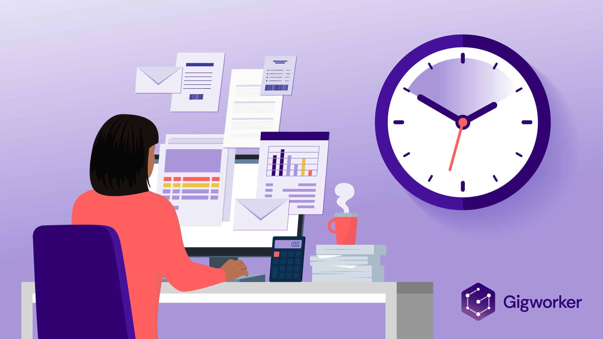 vector graphic showing an illustration of a lady working and a clock on the wall graphics related to online part time jobs