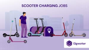 vector graphic showing an illustration of a man charging scooters to show scooter charging jobs