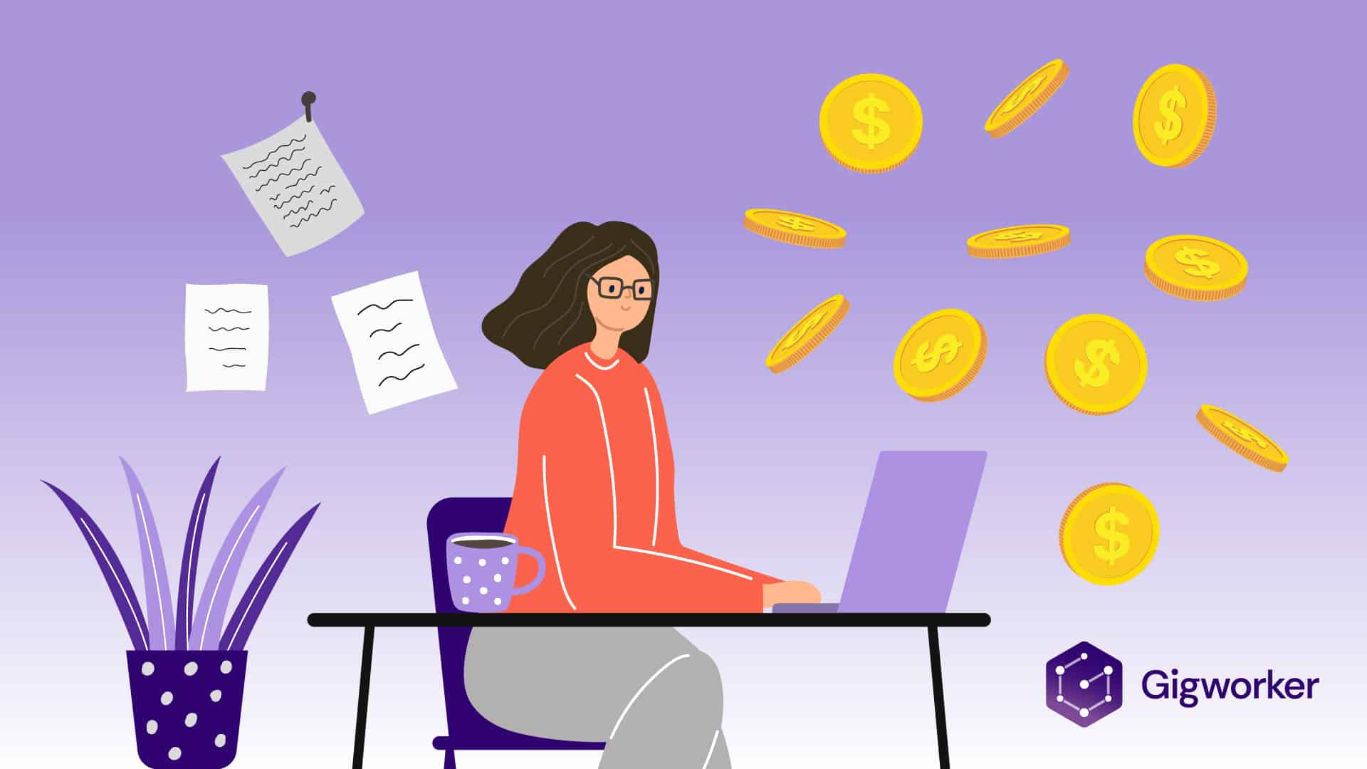 vector graphic showing an illustration of a lady typing on a laptop with money floating around her graphics related to typing jobs from home