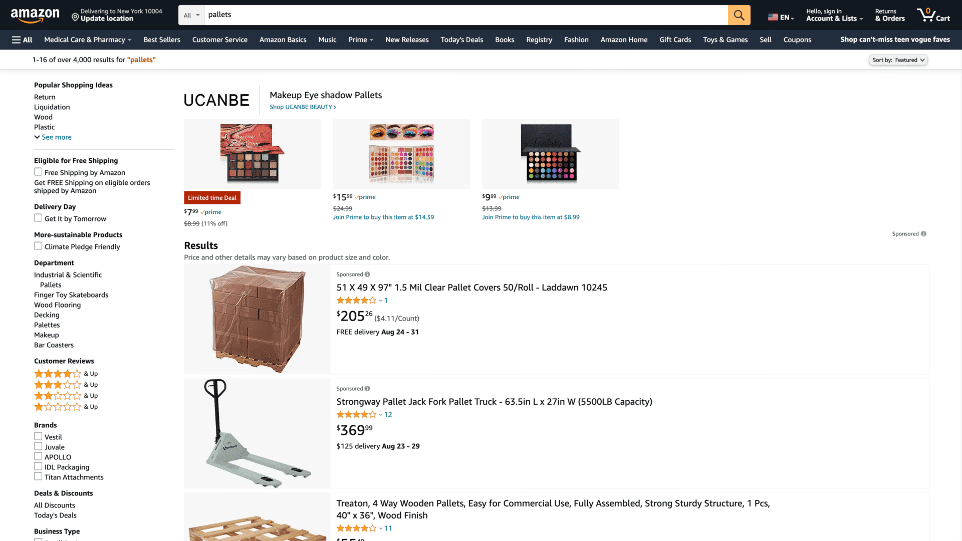 a screenshot of the Amazon Pallets homepage