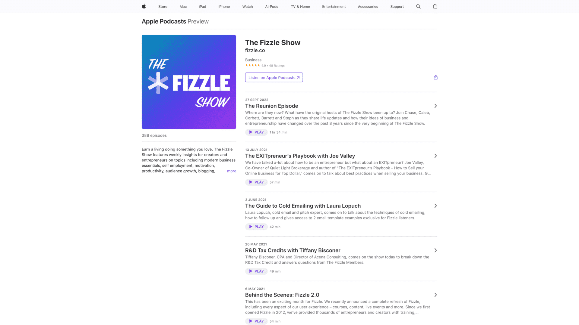 a screenshot of the The Fizzle Show homepage