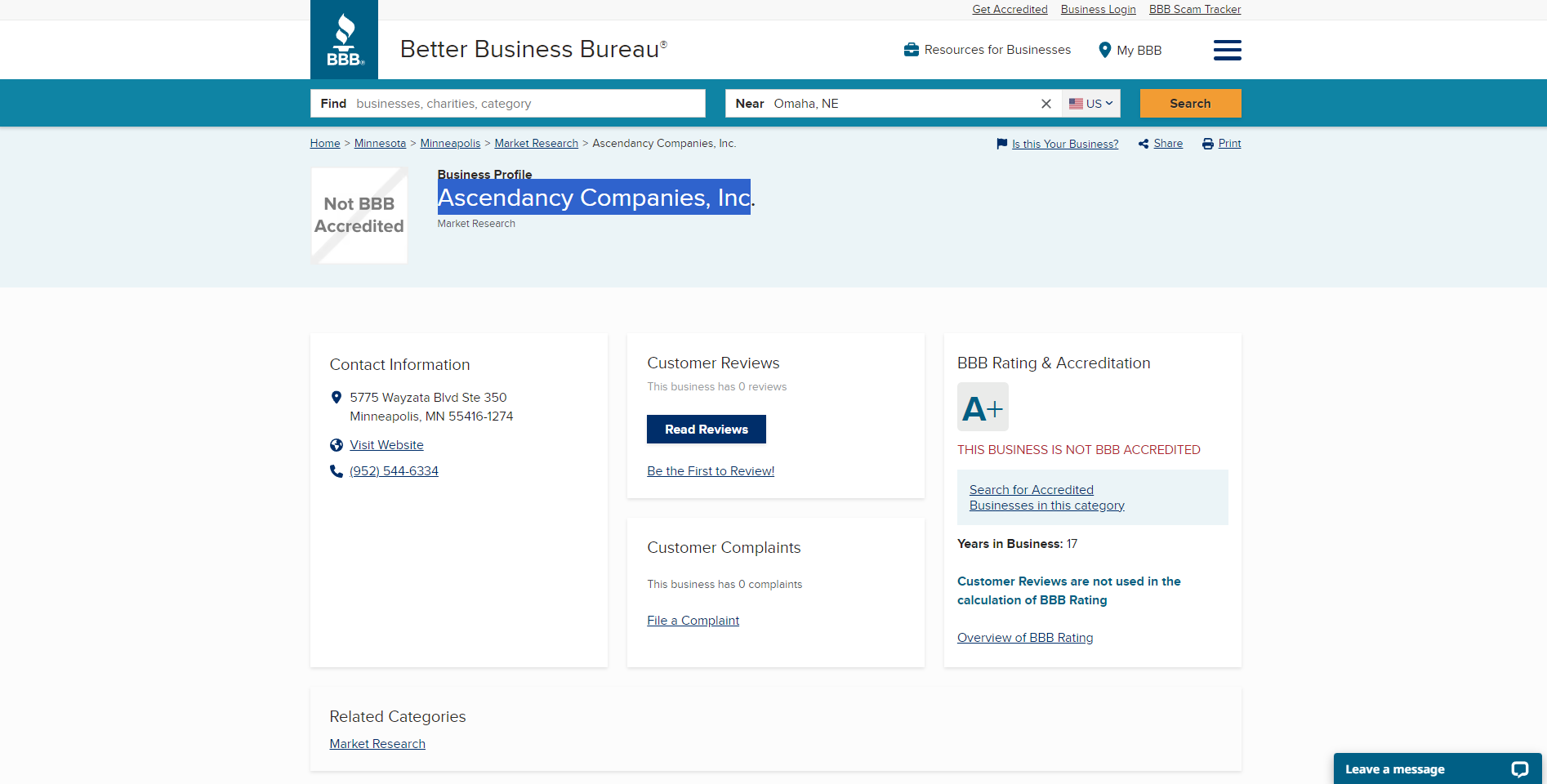 screenshot of the Ascendancy Companies, Inc page on the bbb