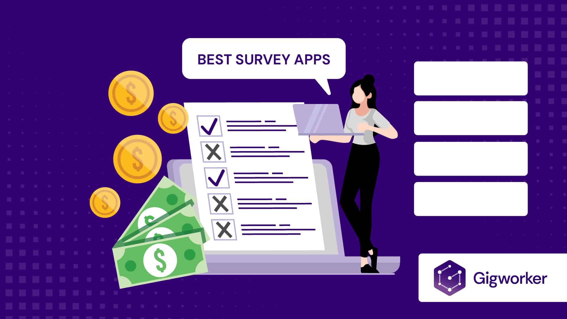 vector graphic showing an illustration of a lady seraching best survey apps on a laptop