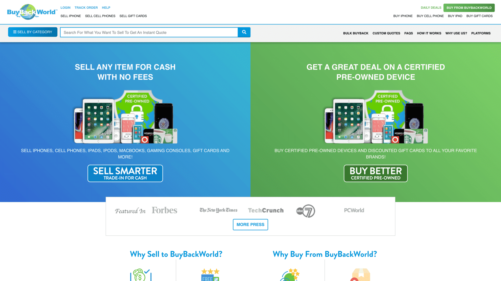 a screenshot of the buybackworld homepage