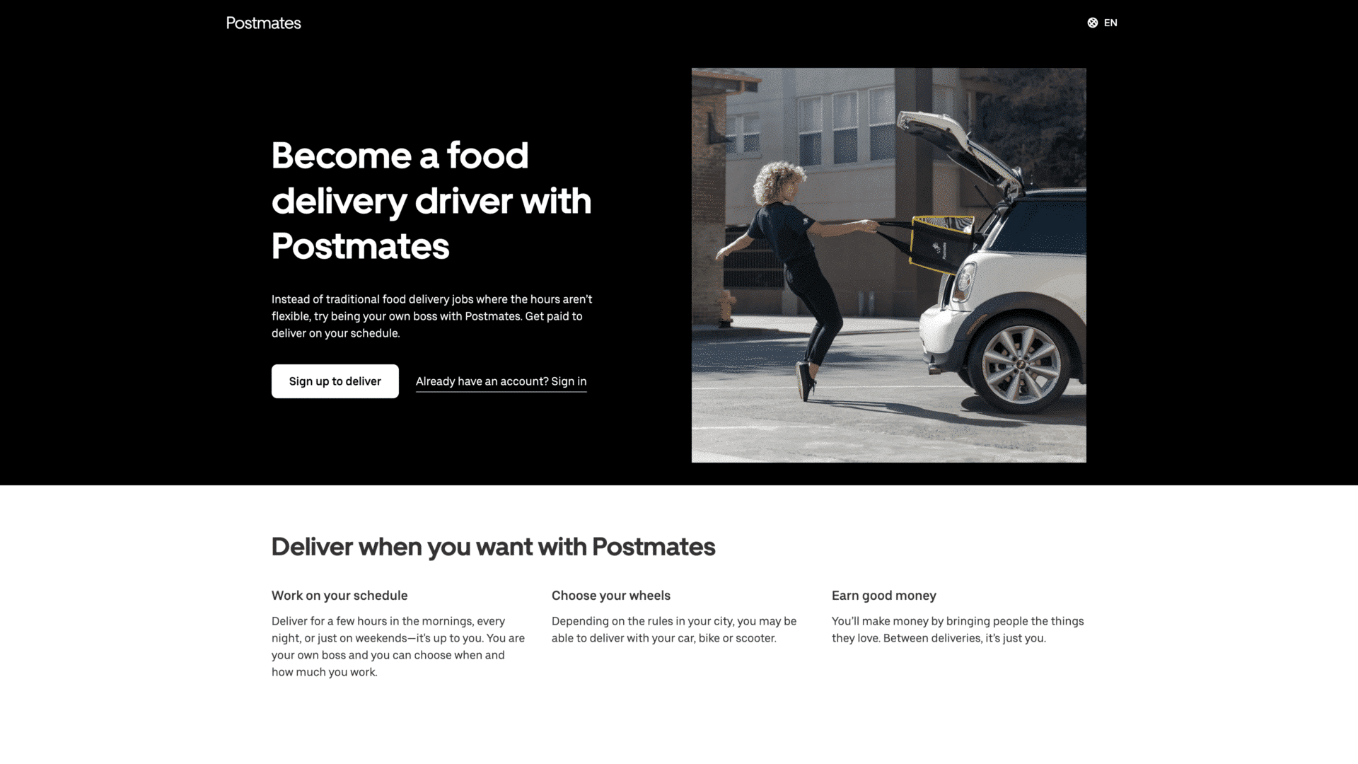 a screenshot of the deliver postmates homepage
