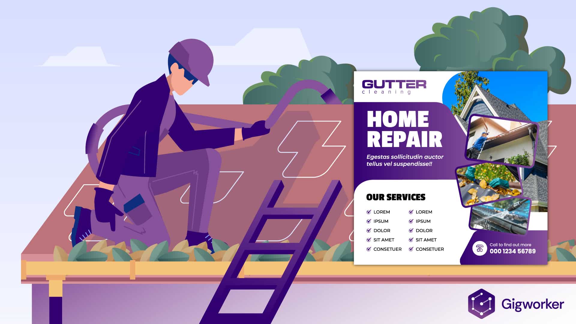 vector graphic showing an illustration of a guy cleaning gutters graphics related to how to start a gutter cleaning business