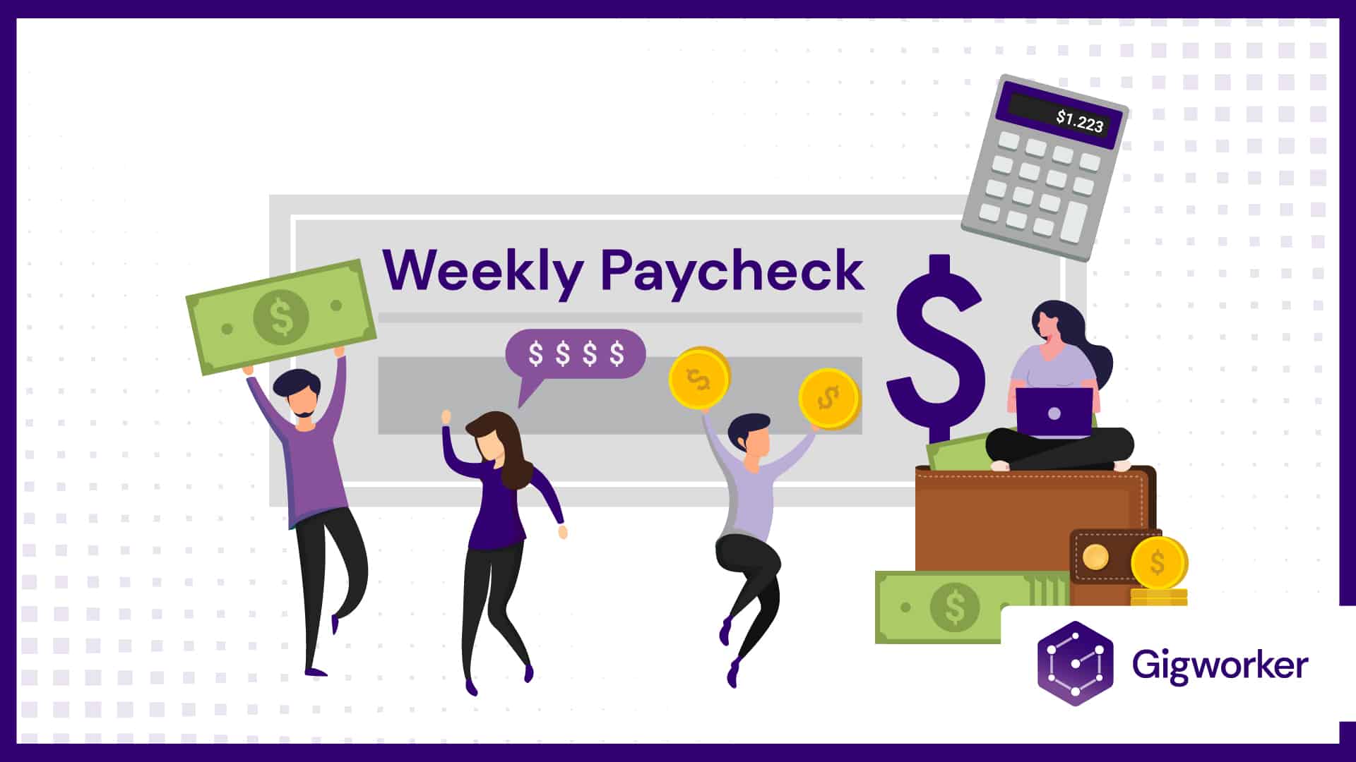 vector graphic showing an illustration of people working and receiving weekly pay check graphics related to jobs that pay weekly