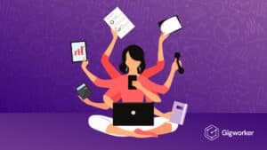 vector graphic showing an illustration of a lady with many hands doing different tasks related to remote administrative assistant jobs